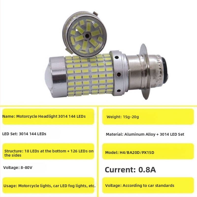 Tcyato H4 P15D Ba20D крушка за мотоциклетен фар, 144 SMD, супер ярка бяла светлина, 12V LED