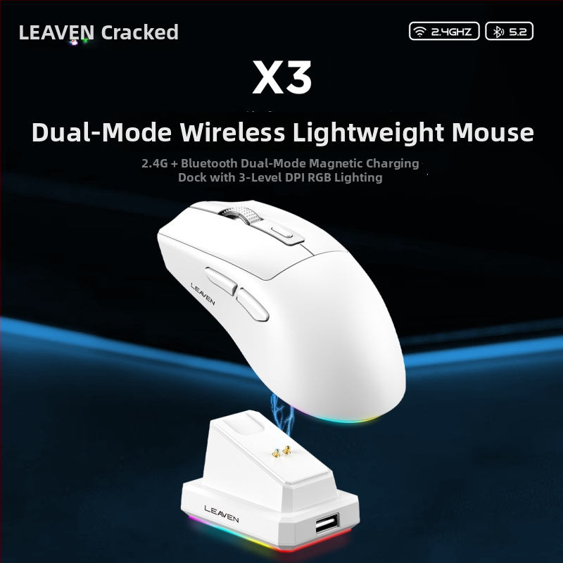 Crack X3 Bluetooth bezdrôtová myš s dvojitým režimom a nabíjacou podložkou, ľahká pre notebooky, gaming a esports