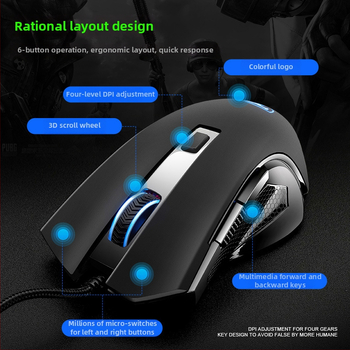 Model T19 USB káblový optický myš – 2400dpi, 7 tlačidiel