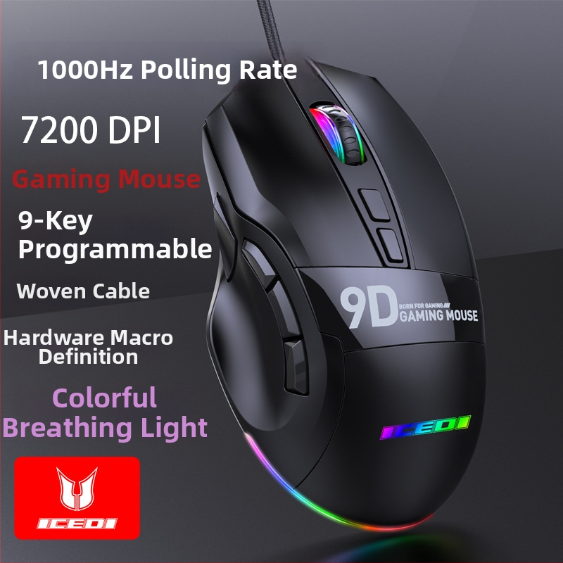 ICEDI MD300 herná myš s 9 tlačidlami makra, podpora ovládača, 7200 DPI, 125–1000 Hz polling frekvencia, RGB podsvietenie