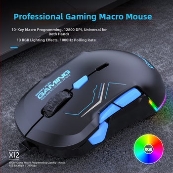 Herný myš 12800 DPI, 10 tlačidiel, USB káblový, RGB makro podpora, model X12