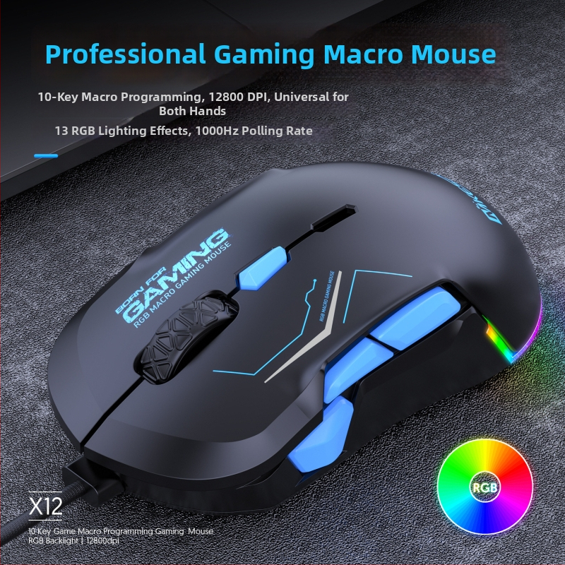 Herný myš 12800 DPI, 10 tlačidiel, USB káblový, RGB makro podpora, model X12