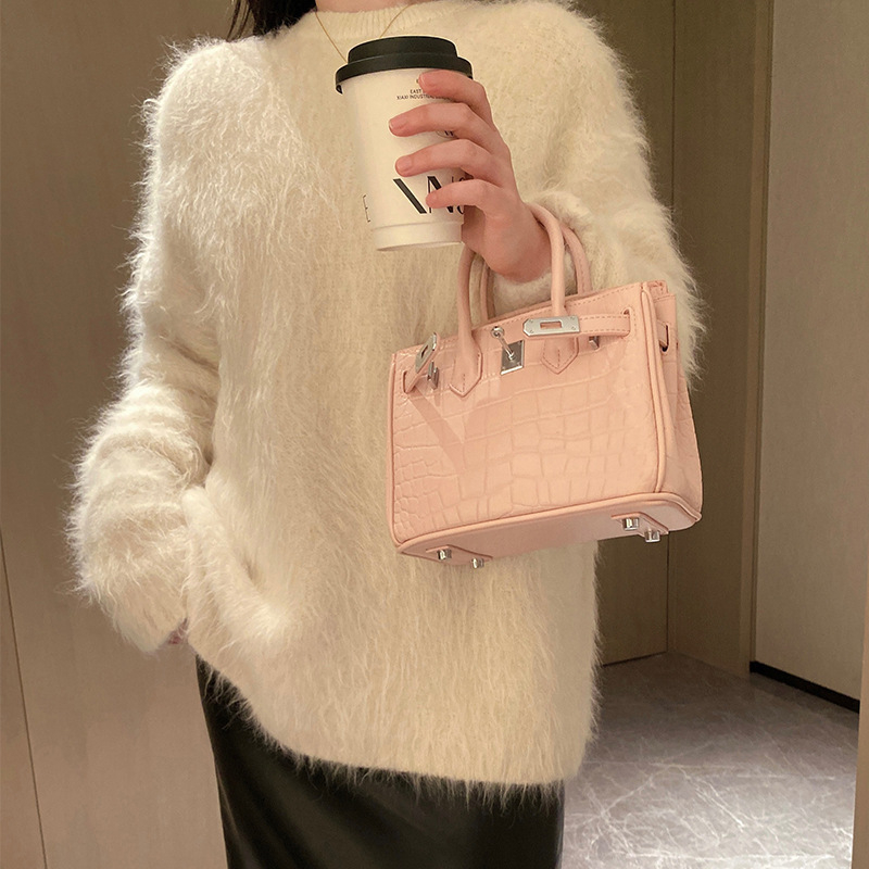 Geantă PU cu textură crocodil, închidere cu lacăt, formă orizontală dreptunghiulară, buzunar interior pentru telefon, curea de umăr