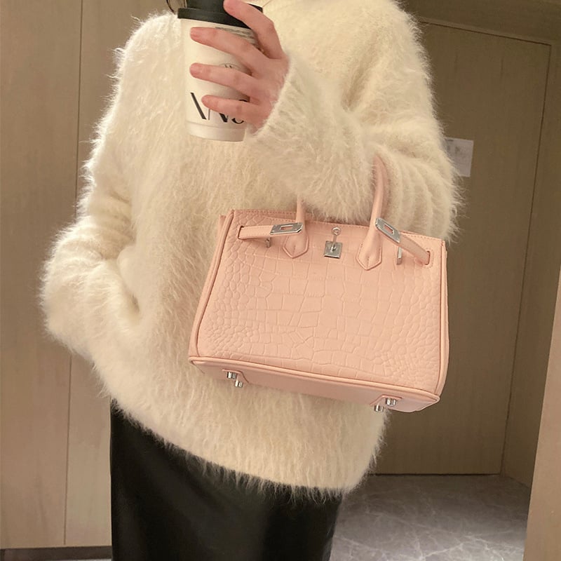 Geantă PU cu textură crocodil, închidere cu lacăt, formă orizontală dreptunghiulară, buzunar interior pentru telefon, curea de umăr