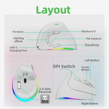 Bezdrôtová vertikálna ergonomická myš s dvojitým režimom (2.4G/Bluetooth), 4000dpi, 9 tlačidiel, dobíjateľná, dosah až 10 m