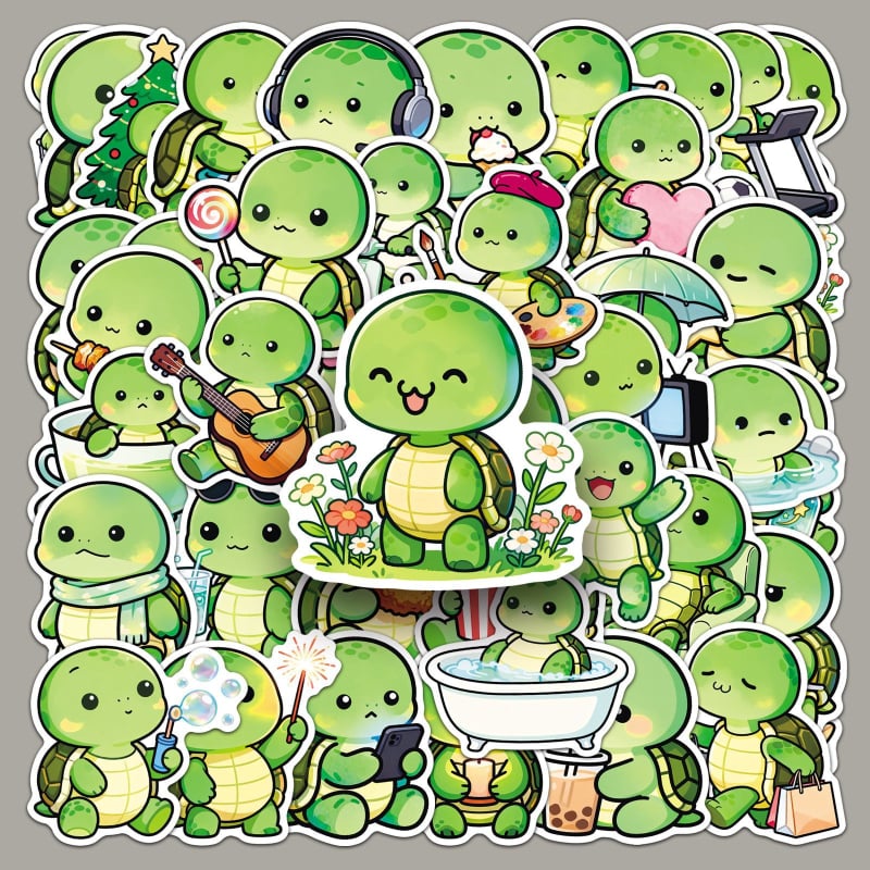 Set de stickere: 50 țestoase caricaturale cu ochi rotunzi drăguți; stil drăguț; marca Full of; greutate 30 g; imprimare offset