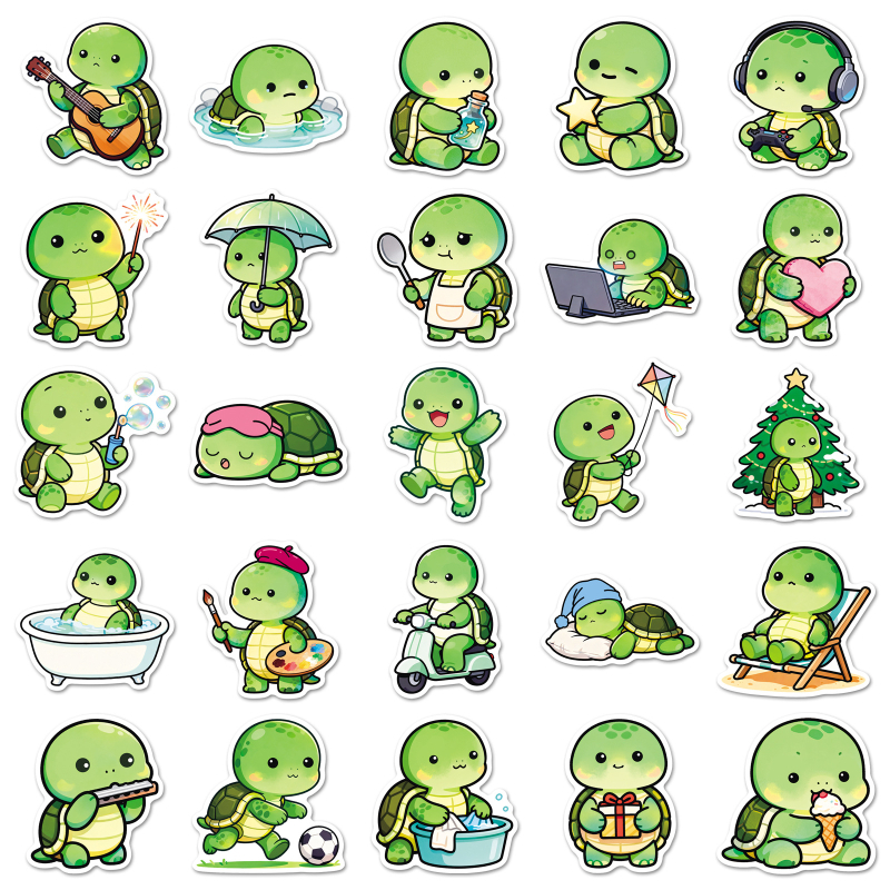 Set de stickere: 50 țestoase caricaturale cu ochi rotunzi drăguți; stil drăguț; marca Full of; greutate 30 g; imprimare offset