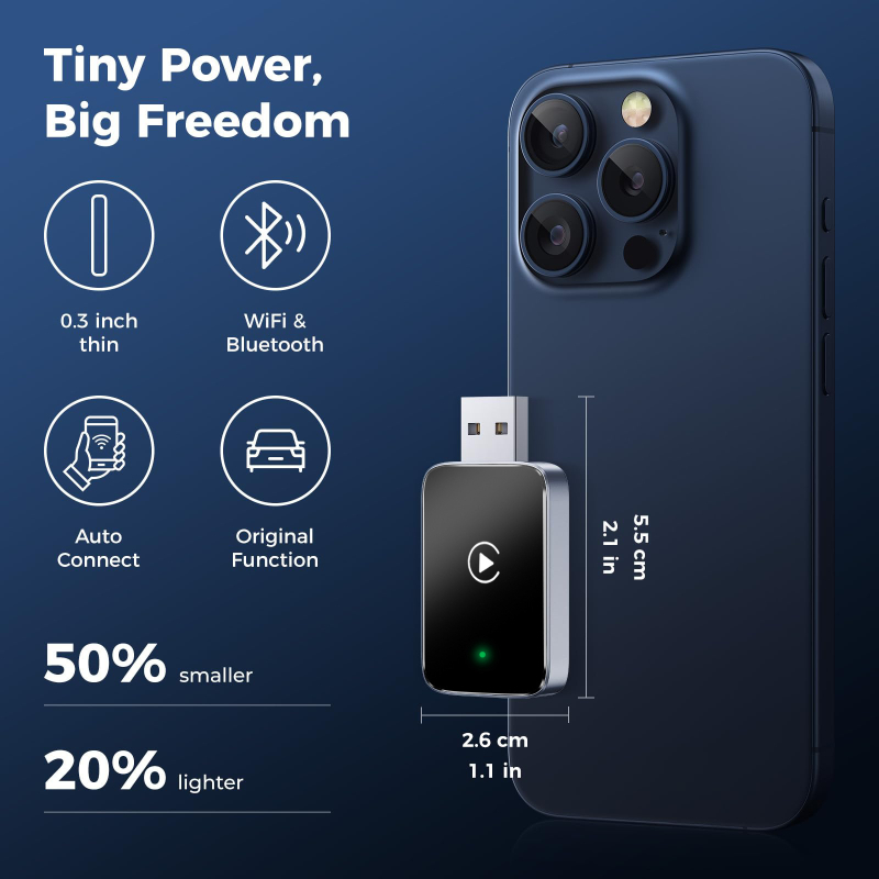 Cutie CarPlay wireless pentru mașină – interfață USB/Type-C, alimentare 5V, ABS cu textură metalică pulverizată, model Usb wireless carplay smart car box, compatibilă cu autovehicule care susțin CarPlay cablat