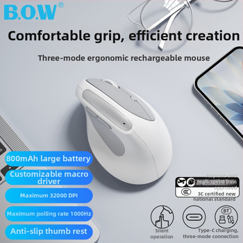 Bow ergonomski vertikalni miš — tri načina napajanja, 1600 DPI, 6 tipki, 2.4G/Bluetooth, USB