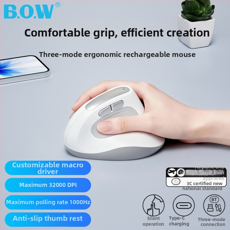 Bow ergonomski vertikalni miš — tri načina napajanja, 1600 DPI, 6 tipki, 2.4G/Bluetooth, USB