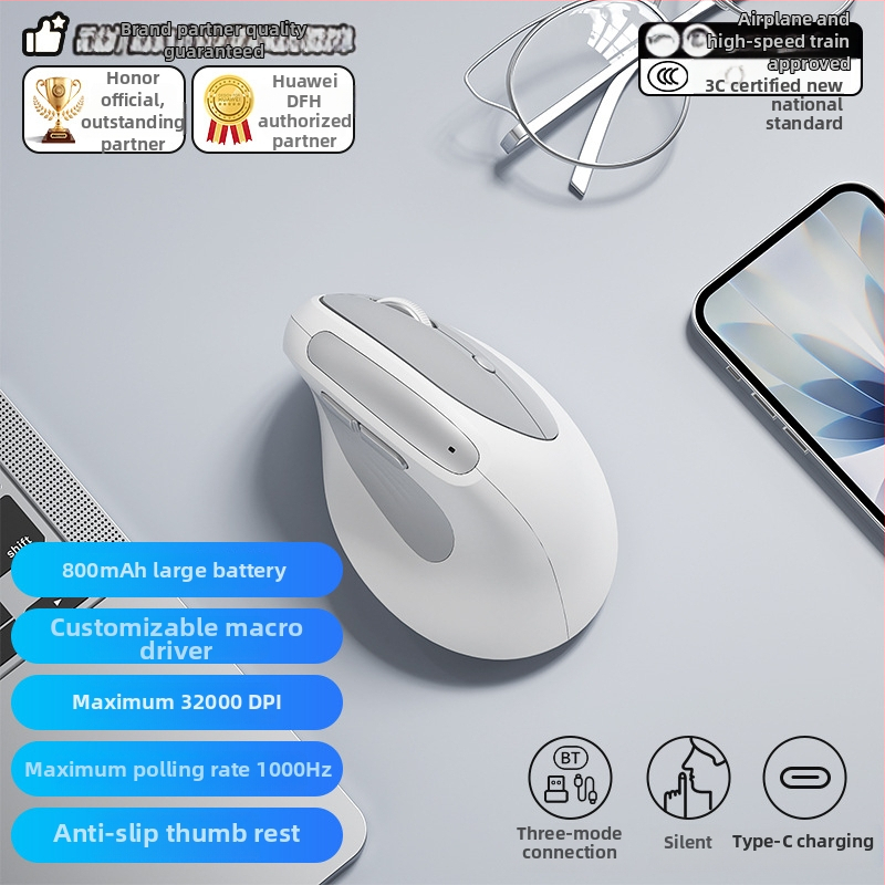 Bow ergonomski vertikalni miš — tri načina napajanja, 1600 DPI, 6 tipki, 2.4G/Bluetooth, USB