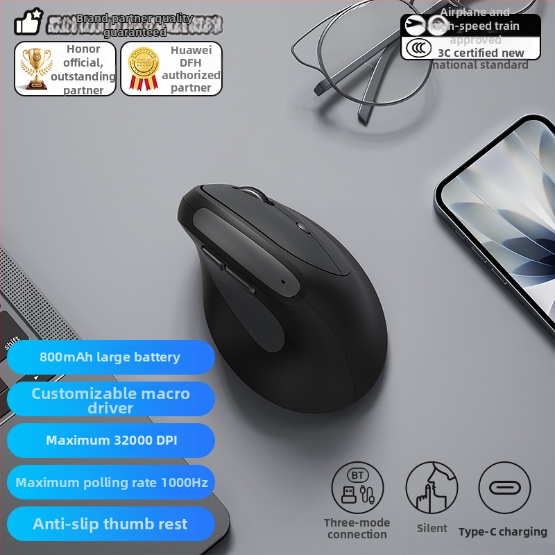 Bow ergonomski vertikalni miš — tri načina napajanja, 1600 DPI, 6 tipki, 2.4G/Bluetooth, USB