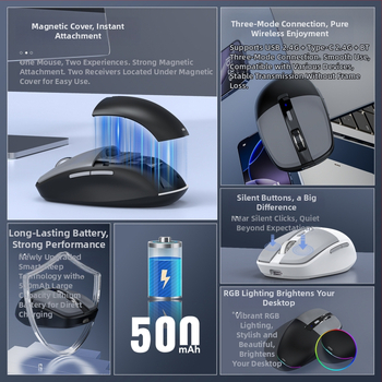 Bezdrôtová optická myš T25, 3200 DPI, 6 tlačidiel, dvojmódové bezdrôtové pripojenie (2.4G + Bluetooth), ergonomický dizajn, nabíjateľná cez USB kábel