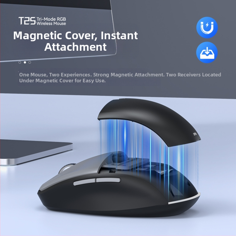 Bezdrôtová optická myš T25, 3200 DPI, 6 tlačidiel, dvojmódové bezdrôtové pripojenie (2.4G + Bluetooth), ergonomický dizajn, nabíjateľná cez USB kábel