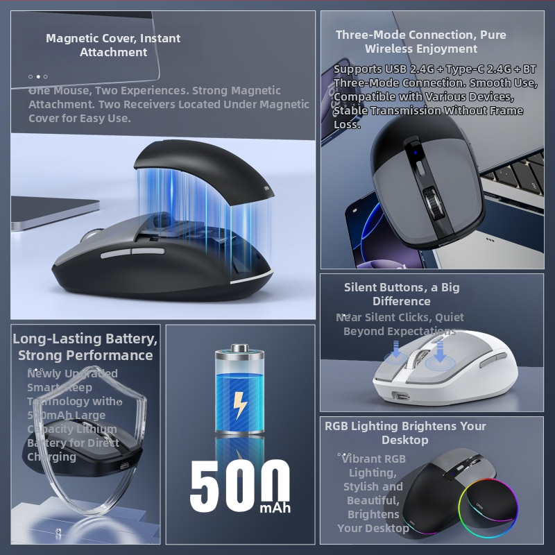Bezdrôtová optická myš T25, 3200 DPI, 6 tlačidiel, dvojmódové bezdrôtové pripojenie (2.4G + Bluetooth), ergonomický dizajn, nabíjateľná cez USB kábel
