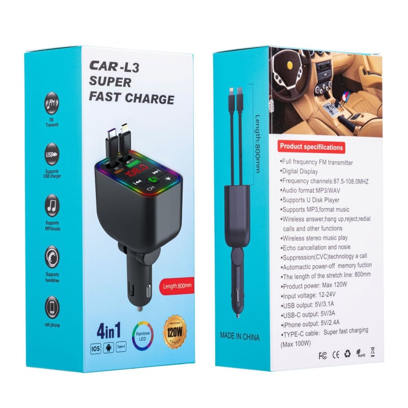 Player Bluetooth pentru mașină cu transmisie FM și încărcare PD rapidă, Model L3L4L5, 120W, ABS, pentru mașini mici