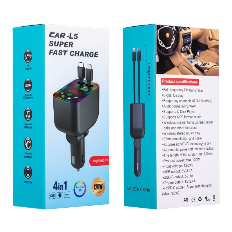 Player Bluetooth pentru mașină cu transmisie FM și încărcare PD rapidă, Model L3L4L5, 120W, ABS, pentru mașini mici