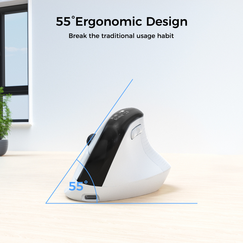 Ergonomska vertikalna bežična miška s USB sučeljem, 6400 DPI, 6 tipki, bežična veza 2,4 GHz i Bluetooth, punjiva baterija