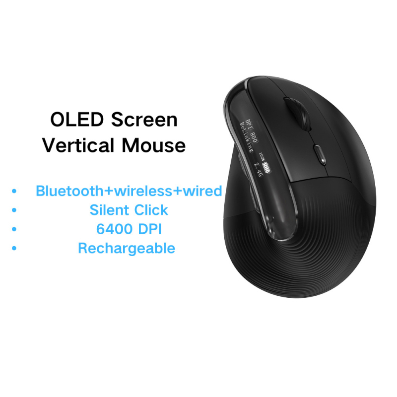Ergonomska vertikalna bežična miška s USB sučeljem, 6400 DPI, 6 tipki, bežična veza 2,4 GHz i Bluetooth, punjiva baterija