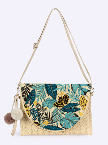 Geantă tip plic cu imprimeu frunze de plajă, material hârtie, capacitate mare, curea cu o singură bretea crossbody