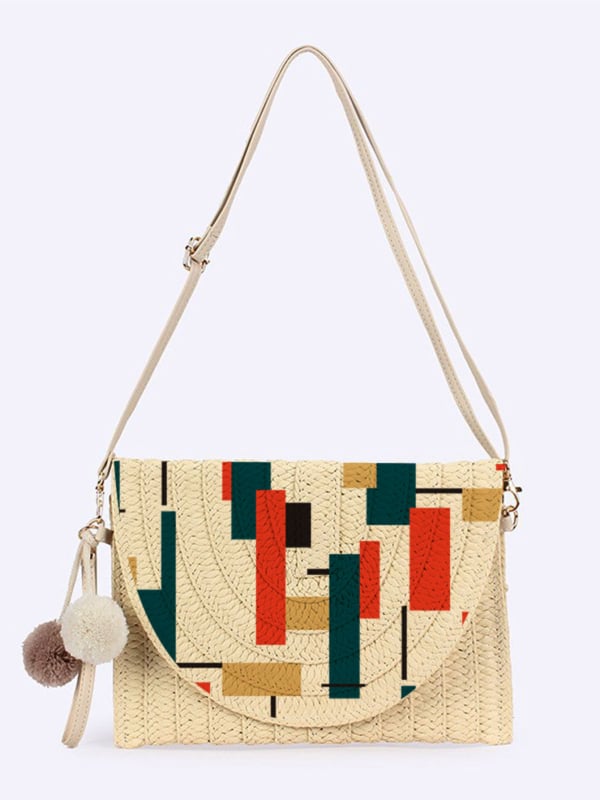 Geantă tip plic cu imprimeu frunze de plajă, material hârtie, capacitate mare, curea cu o singură bretea crossbody