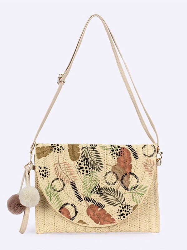 Geantă tip plic cu imprimeu frunze de plajă, material hârtie, capacitate mare, curea cu o singură bretea crossbody
