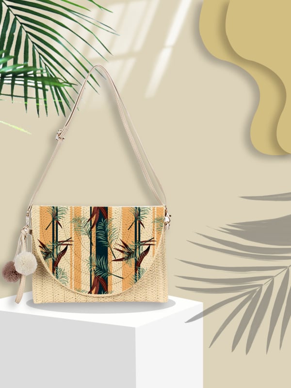 Geantă tip plic cu imprimeu frunze de plajă, material hârtie, capacitate mare, curea cu o singură bretea crossbody