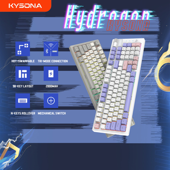 KYSONA Tastatură de gaming cu switch-uri roșii hot-swappable, conectivitate în trei moduri, 88–98 taste, iluminare RGB, cablu de 1.6 m, conectare la 3 dispozitive