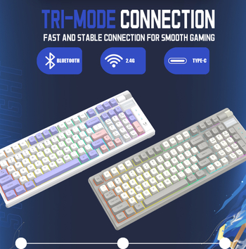 KYSONA Tastatură de gaming cu switch-uri roșii hot-swappable, conectivitate în trei moduri, 88–98 taste, iluminare RGB, cablu de 1.6 m, conectare la 3 dispozitive