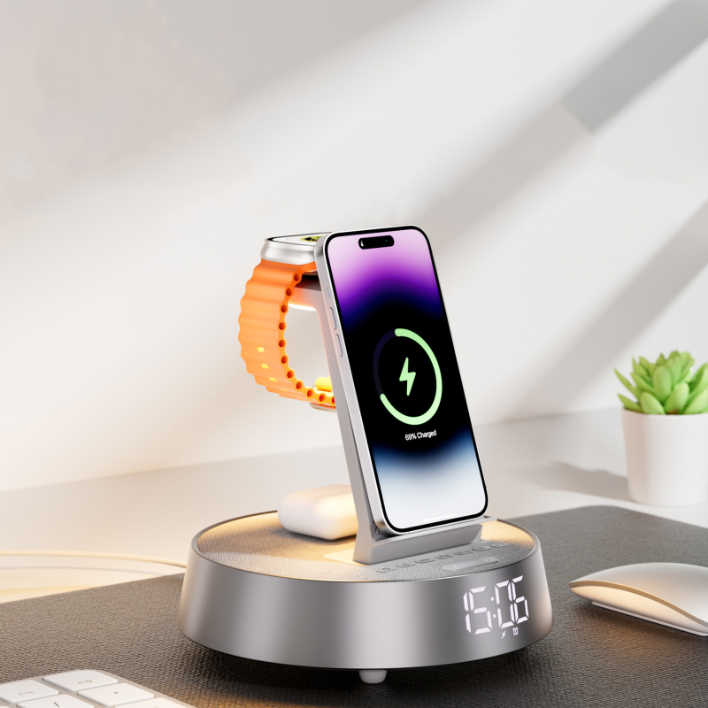 Boxă Bluetooth cu stație de încărcare wireless 6-în-1, ceas de alarmă, difuzor de birou portabil, IPX6, difuzoare HiFi duale, baterie încorporată 2000–4000 mAh