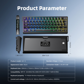 61-tipkovna bežična tipkovnica s RGB osvjetljenjem, tri načina povezivanja: 2.4G/Bluetooth/USB, USB sučelje