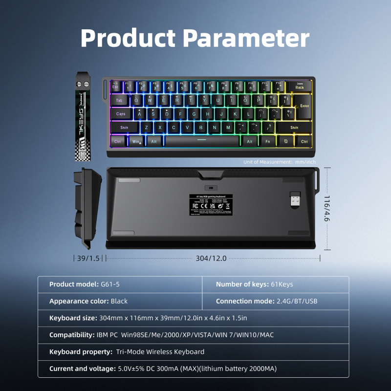 61-tipkovna bežična tipkovnica s RGB osvjetljenjem, tri načina povezivanja: 2.4G/Bluetooth/USB, USB sučelje