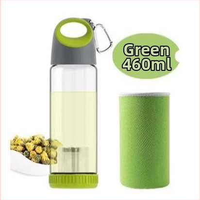 Stiklinė vandens buteliukas su nešiojimo žiedu, cilindrinė forma, borosilikato stiklas, atsparus nuotėkiams ir karščiui, dangtelis