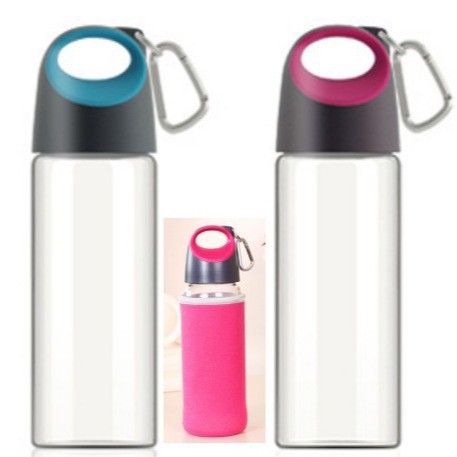 Vízpalack boroszilikát üvegből, hordozó gyűrűvel, hengeres, szivárgásmentes és hőálló, fedéllel