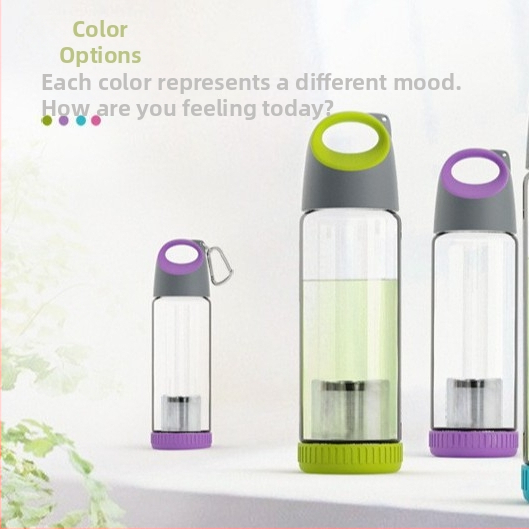 Stiklinė vandens buteliukas su nešiojimo žiedu, cilindrinė forma, borosilikato stiklas, atsparus nuotėkiams ir karščiui, dangtelis