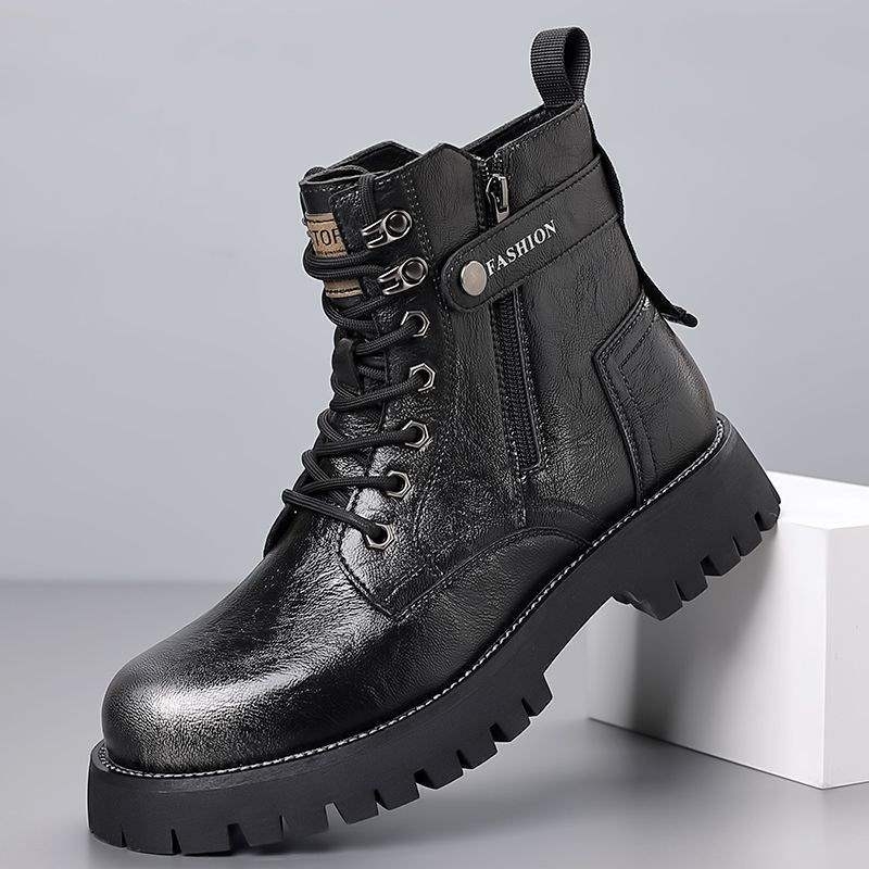 Ghete Martin de iarnă pentru bărbați — partea superioară din piele de vițel primă, căptușeală din lână de oaie, branț din pluș sintetic, talpă din cauciuc, înălime medie la gleznă