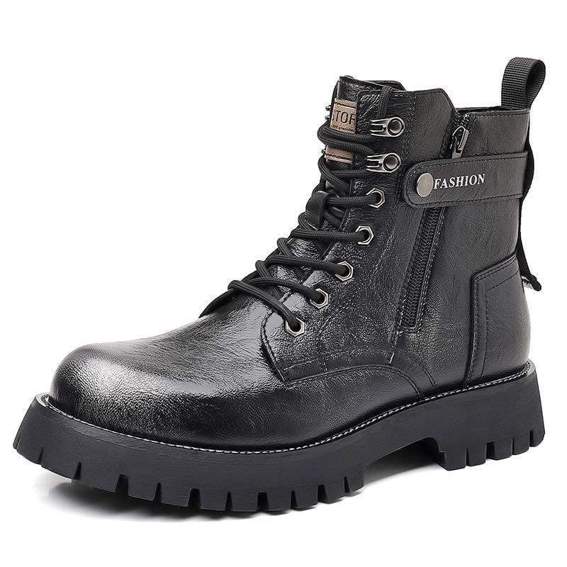 Ghete Martin de iarnă pentru bărbați — partea superioară din piele de vițel primă, căptușeală din lână de oaie, branț din pluș sintetic, talpă din cauciuc, înălime medie la gleznă