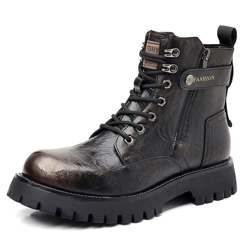 Ghete Martin de iarnă pentru bărbați — partea superioară din piele de vițel primă, căptușeală din lână de oaie, branț din pluș sintetic, talpă din cauciuc, înălime medie la gleznă