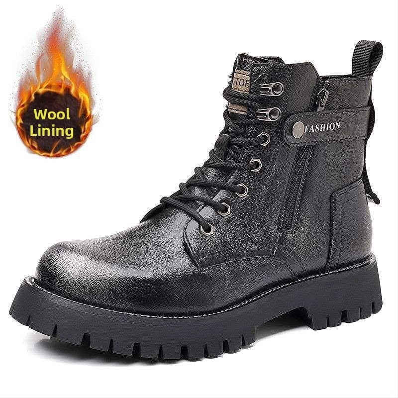 Ghete Martin de iarnă pentru bărbați — partea superioară din piele de vițel primă, căptușeală din lână de oaie, branț din pluș sintetic, talpă din cauciuc, înălime medie la gleznă