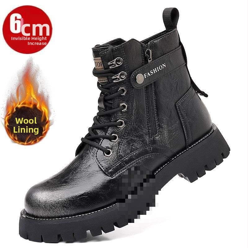 Ghete Martin de iarnă pentru bărbați — partea superioară din piele de vițel primă, căptușeală din lână de oaie, branț din pluș sintetic, talpă din cauciuc, înălime medie la gleznă