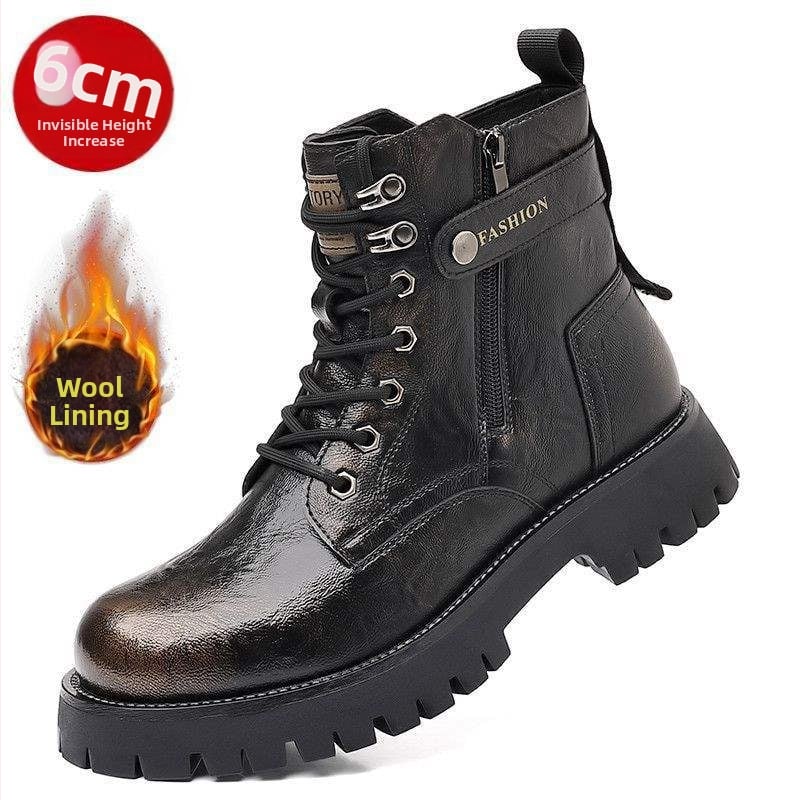 Ghete Martin de iarnă pentru bărbați — partea superioară din piele de vițel primă, căptușeală din lână de oaie, branț din pluș sintetic, talpă din cauciuc, înălime medie la gleznă