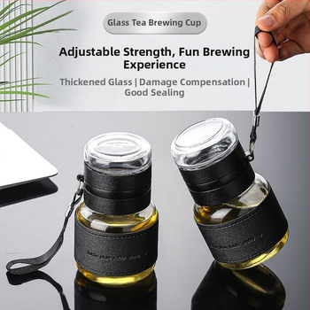 Stiklinis arbatos puodelis su arbatos ir vandens atskyrimu, nešiojamas vieno puodelio dizainas, apsauga nuo deginimo ir šilumos izoliacija, pritaikomas logotipas, nešiojimo virvelė
