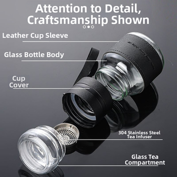 Stiklinis arbatos puodelis su arbatos ir vandens atskyrimu, nešiojamas vieno puodelio dizainas, apsauga nuo deginimo ir šilumos izoliacija, pritaikomas logotipas, nešiojimo virvelė