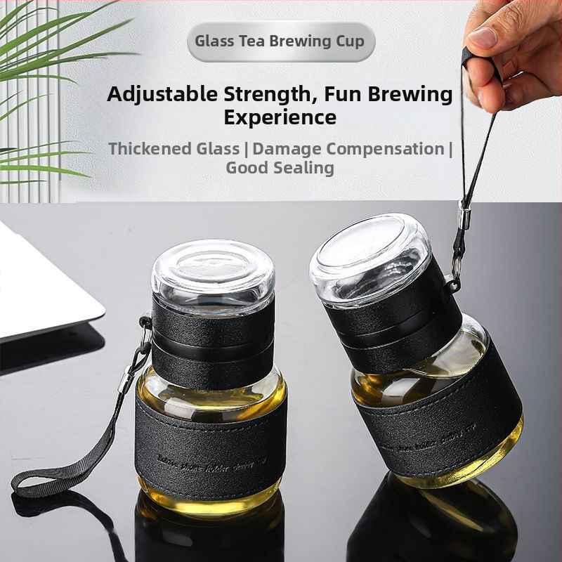Stiklinis arbatos puodelis su arbatos ir vandens atskyrimu, nešiojamas vieno puodelio dizainas, apsauga nuo deginimo ir šilumos izoliacija, pritaikomas logotipas, nešiojimo virvelė