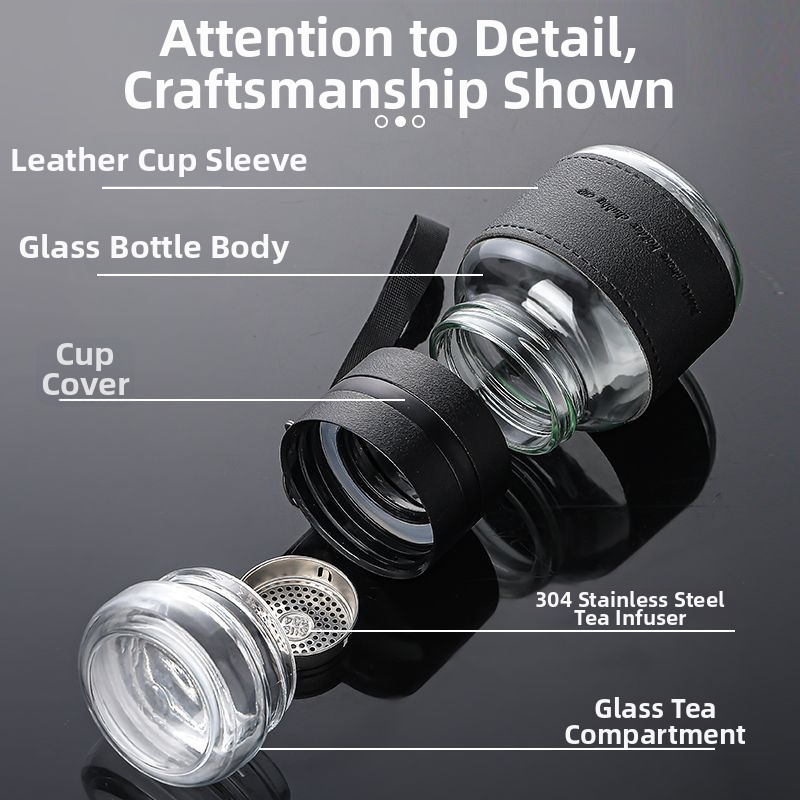 Stiklinis arbatos puodelis su arbatos ir vandens atskyrimu, nešiojamas vieno puodelio dizainas, apsauga nuo deginimo ir šilumos izoliacija, pritaikomas logotipas, nešiojimo virvelė