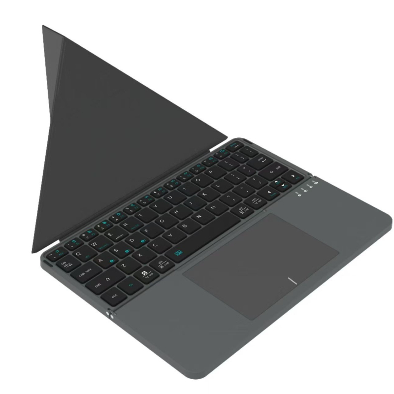Tabletes Bluetooth billentyűzet csendes működéssel, újratölthető bőr tok-állvánnyal és érintésérzékelős vezérléssel, hordozható hajtogatható kialakítás; 88-98 billentyű; univerzális kompatibilitás; műanyag test
