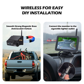 Modelis M2-505+MB73 - magnetinė belaidė atbulinė automobilių kamera su 5 colių ekranu, 800x480 raiška, 24V maitinimas, 45° reguliuojamas kampas