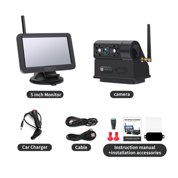 Modelis M2-505+MB73 - magnetinė belaidė atbulinė automobilių kamera su 5 colių ekranu, 800x480 raiška, 24V maitinimas, 45° reguliuojamas kampas