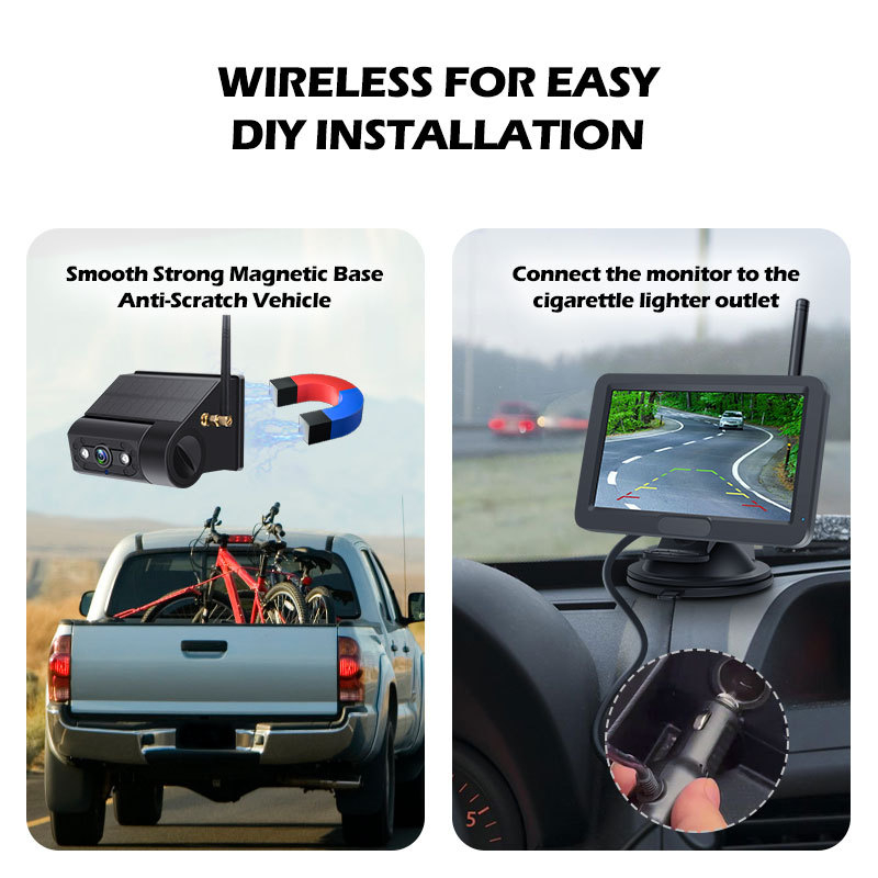 Modelis M2-505+MB73 - magnetinė belaidė atbulinė automobilių kamera su 5 colių ekranu, 800x480 raiška, 24V maitinimas, 45° reguliuojamas kampas