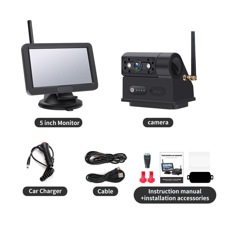 Modelis M2-505+MB73 - magnetinė belaidė atbulinė automobilių kamera su 5 colių ekranu, 800x480 raiška, 24V maitinimas, 45° reguliuojamas kampas